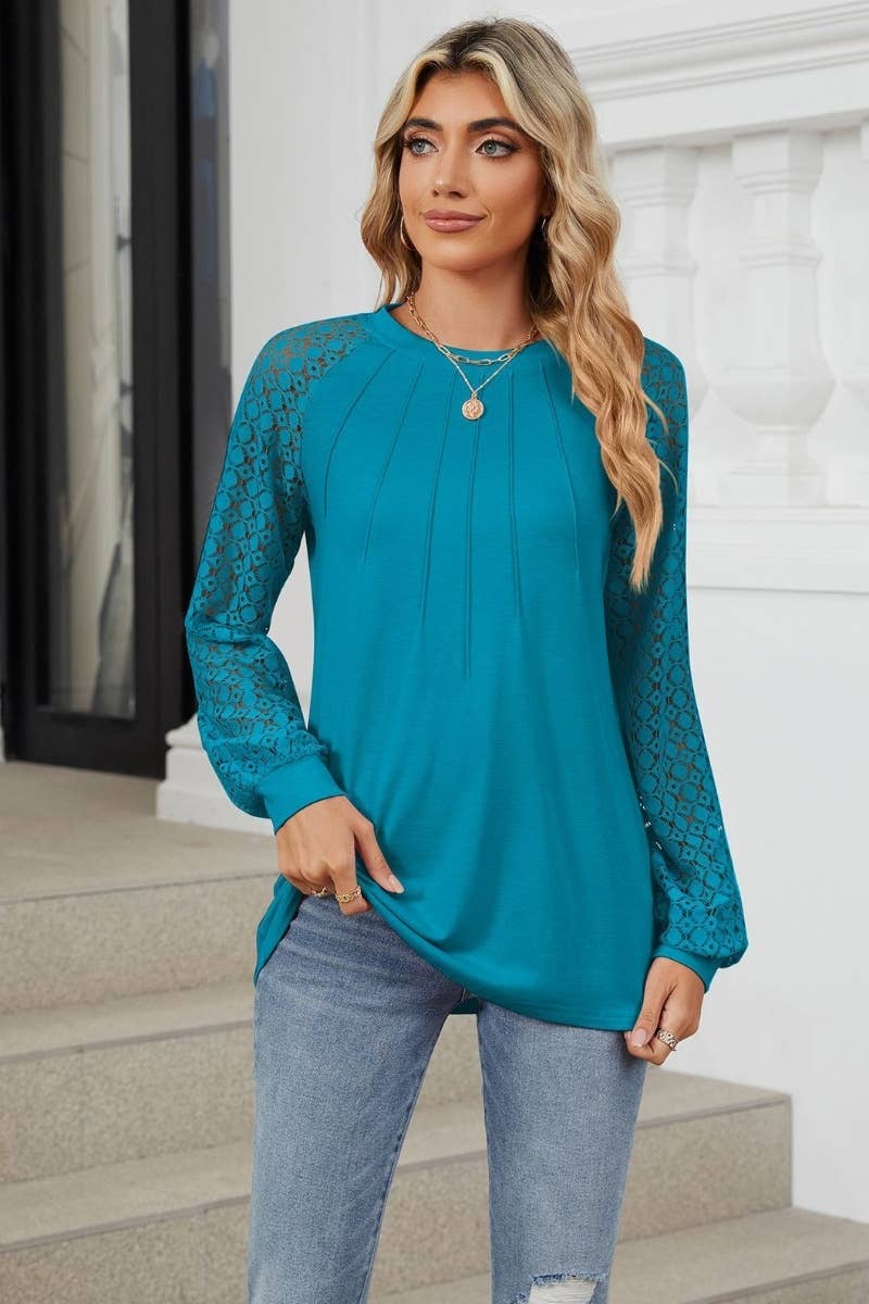 CWTBLL2860_CREW-NECK LACE PATCHWORK LONG-SLEEVED TOP