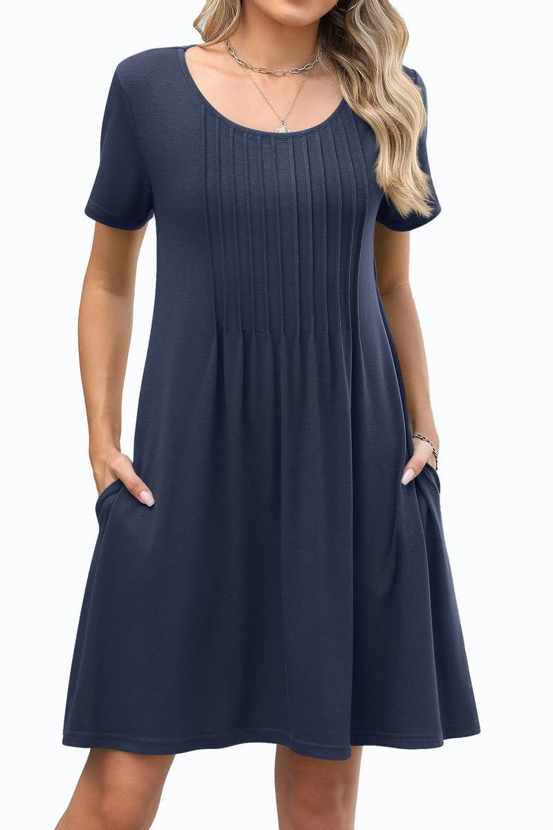 CWDSD8722_SOLID CREW NECK POCKET SHORT SLEEVE DRESS