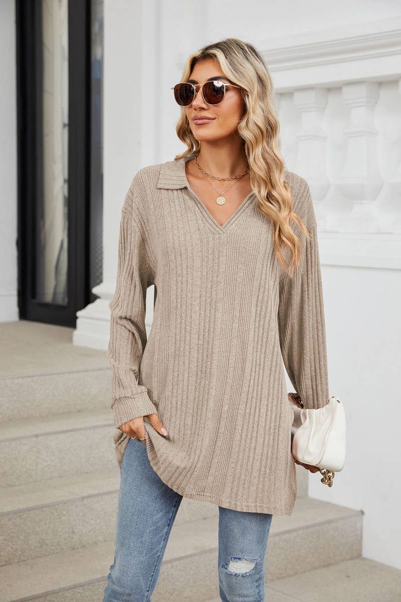 CWTBLL3668_FLIP COLLAR SLIT LONG SLEEVED LOOSE T-SHIRT TOP