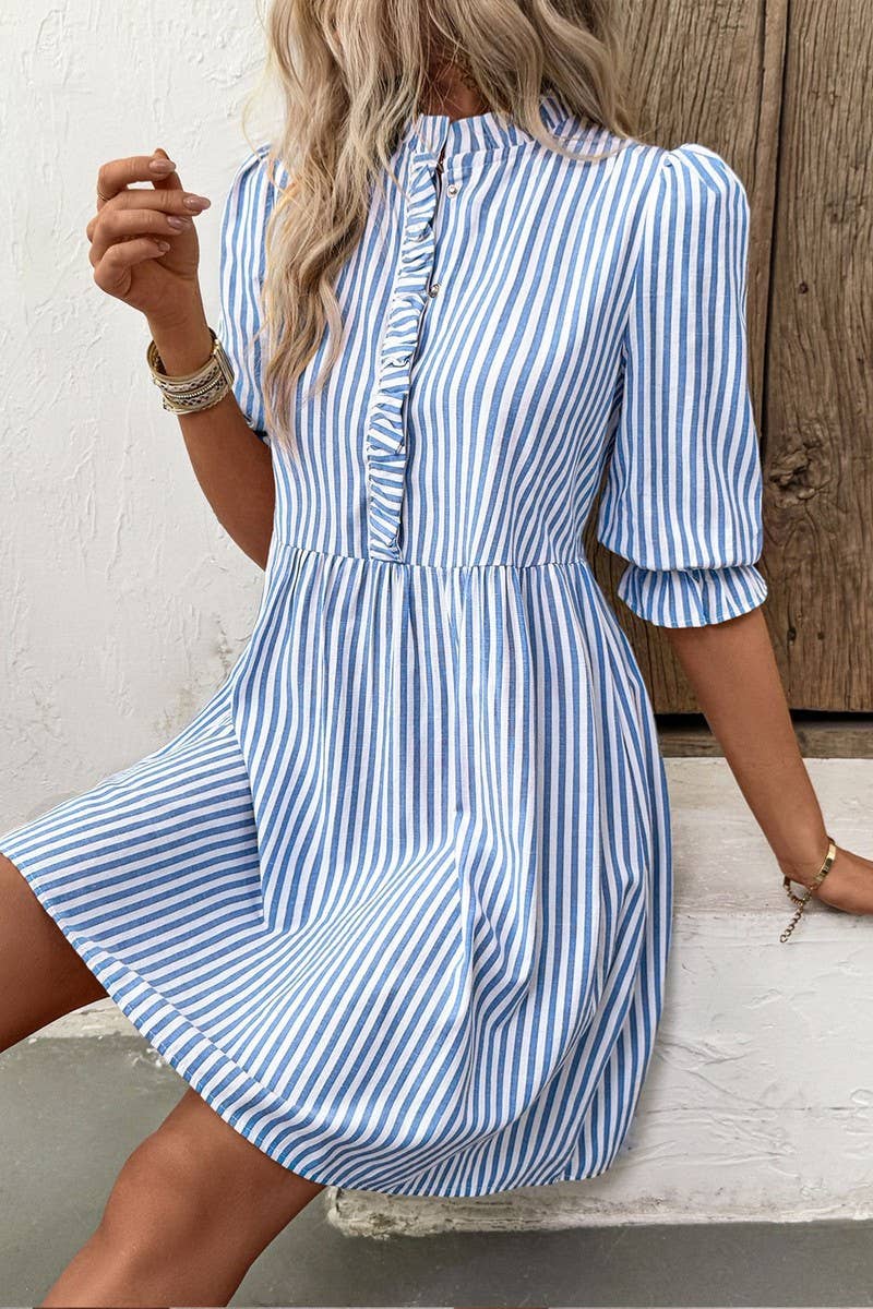 CWDSD7817_RUFFLE TRIM STRIPED LOOSE FIT SHIRT DRESS