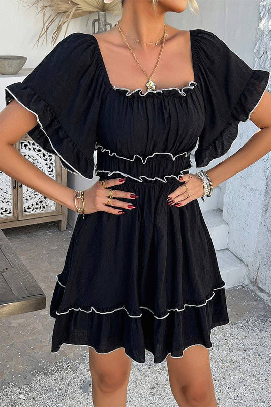 CWDSD7875_SUMMER SOLID COLOR RUFFLED SHORT-SLEEVED DRESS