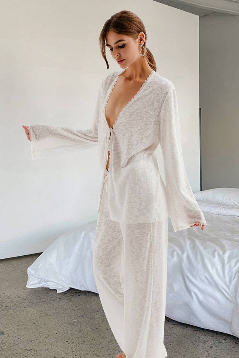 CWSPJ0173_KNITTED LACE-UP LONG SLEEVE PANTS PAJAMA SET