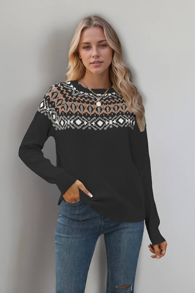 CWOSWL7020_JACQUARD VINTAGE CREW NECK PULLOVER SWEATER