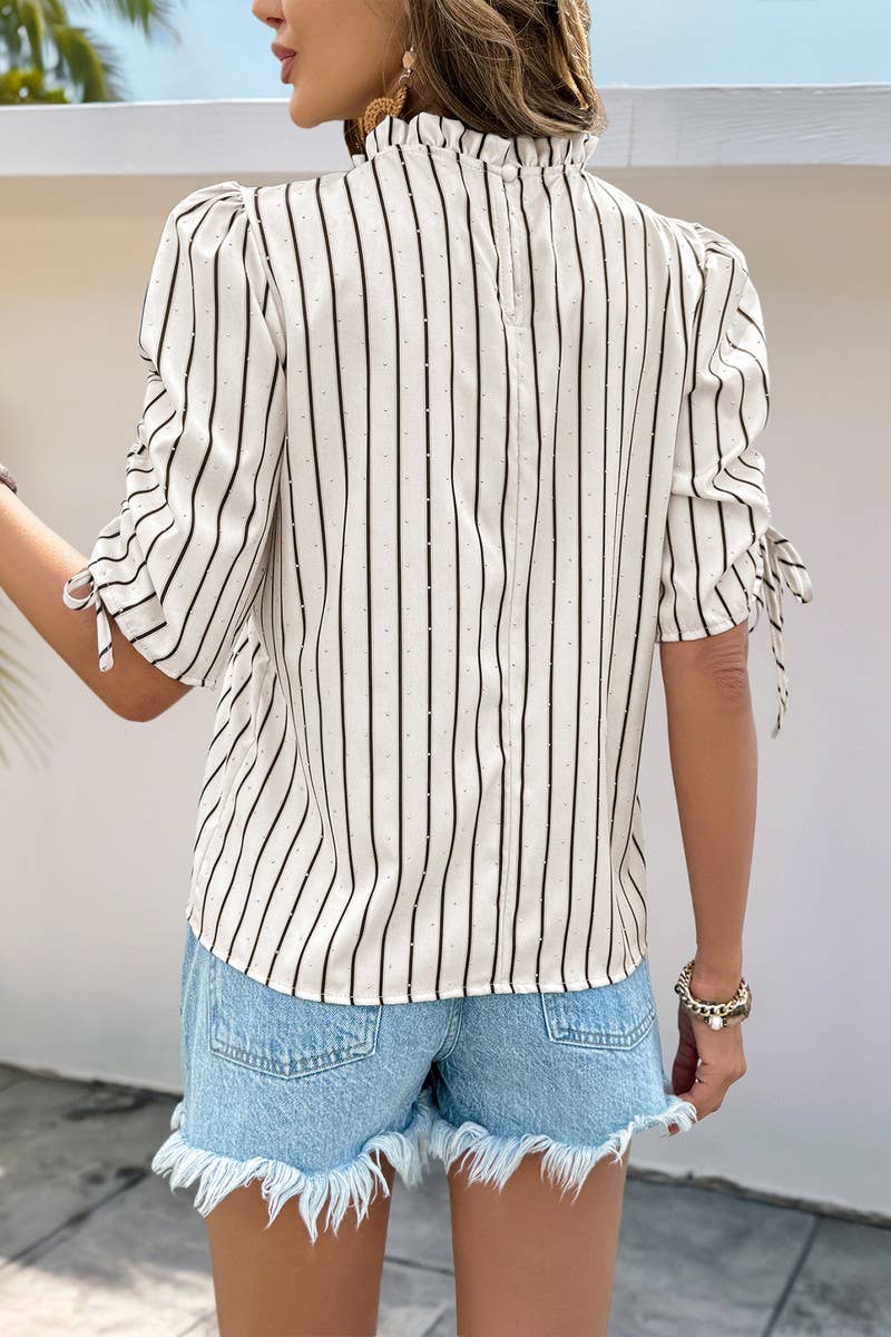 CWTBLS1992_GATHERED PULLOVER CASUAL DRAWSTRING STRIPED SHIRT