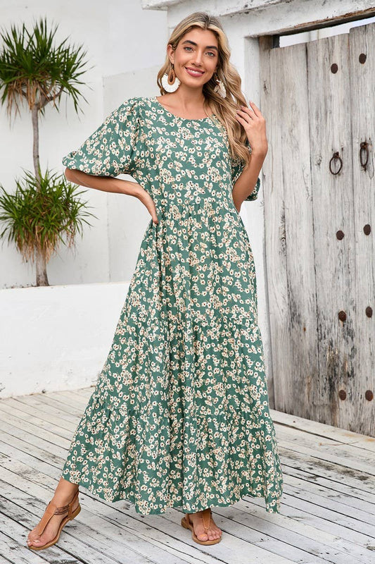 CWDMD4104_LOOSE ROUND NECK SHORT SLEEVE FLORAL DRESS