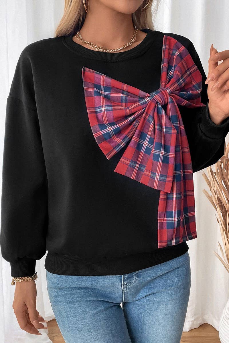 CWTBLL3732_BOW TIE THICKENED ROUND NECK PLAID SWEATSHIRT