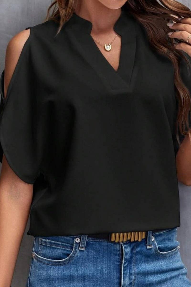 CWTBLS0609_SOLID COLOR V NECK OFF SHOULDER LOOSE CHIFFON TOP