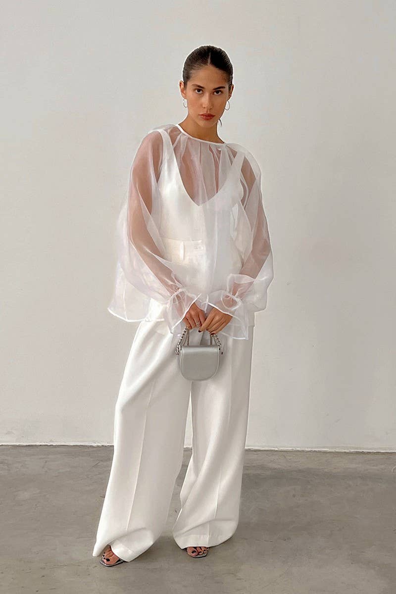 CWTBLL541_BLACK MESH SEE-THROUGH LONG-SLEEVED SHIRT BLOUSE