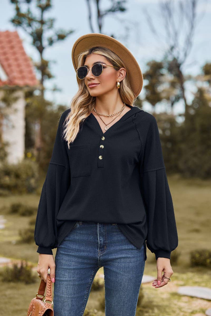 CWOHOL1095_NEW HOODED BUTTON LOOSE LONG-SLEEVED SWEATSHIRT