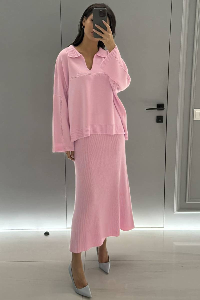 CWSS0750_KNITTED V-NECK LONG SLEEVE SWEATER SKIRT SET