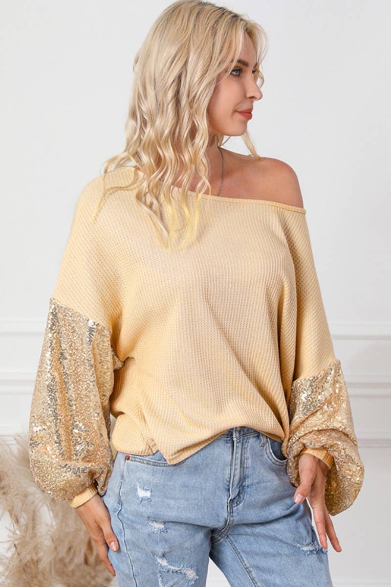 CWTBLL3052_FALL FASHION SEQUIN PATCHWORK LONG SLEEVE TOP