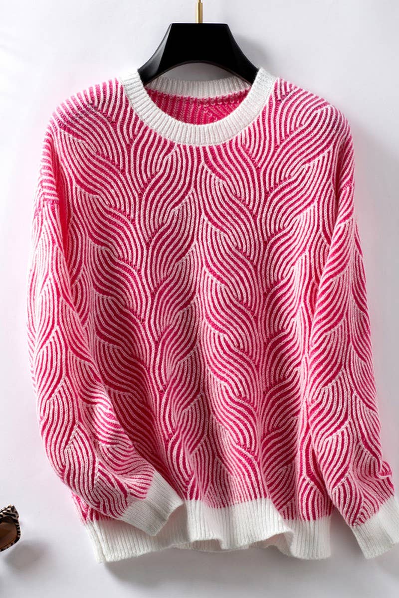 CWOSWL2832_RETRO CASUAL CONTRAST STRIPED KNITTED SWEATER