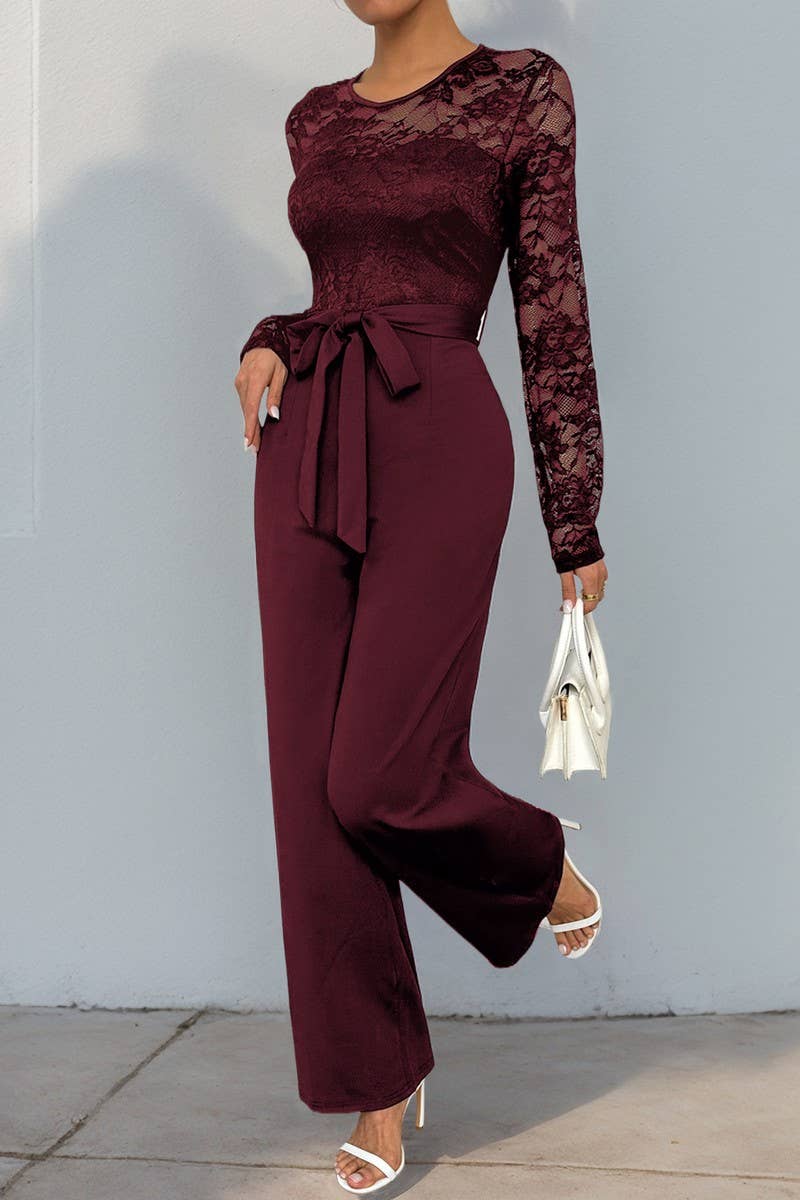 CWSJS00276_LACE PATCHWORK ZIP TIE SOLID LOOSE JUMPSUIT