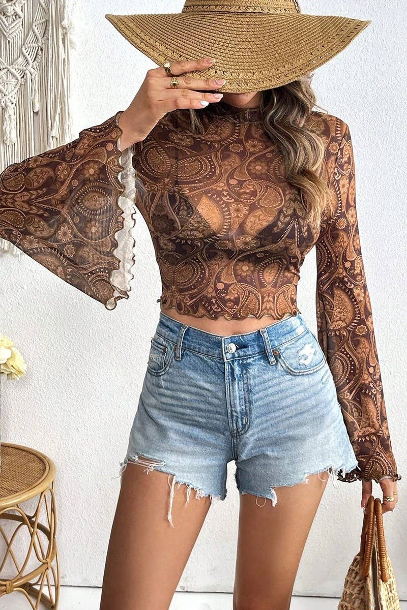 CWTBLL3925_MESH PRINT BELL SLEEVE LONG SLEEVE CREW NECK TOP