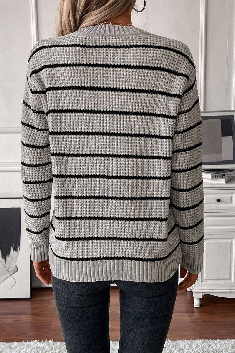 CWOSWL2910_CHENILLE CASUAL KNITTED STRIPED SWEATER