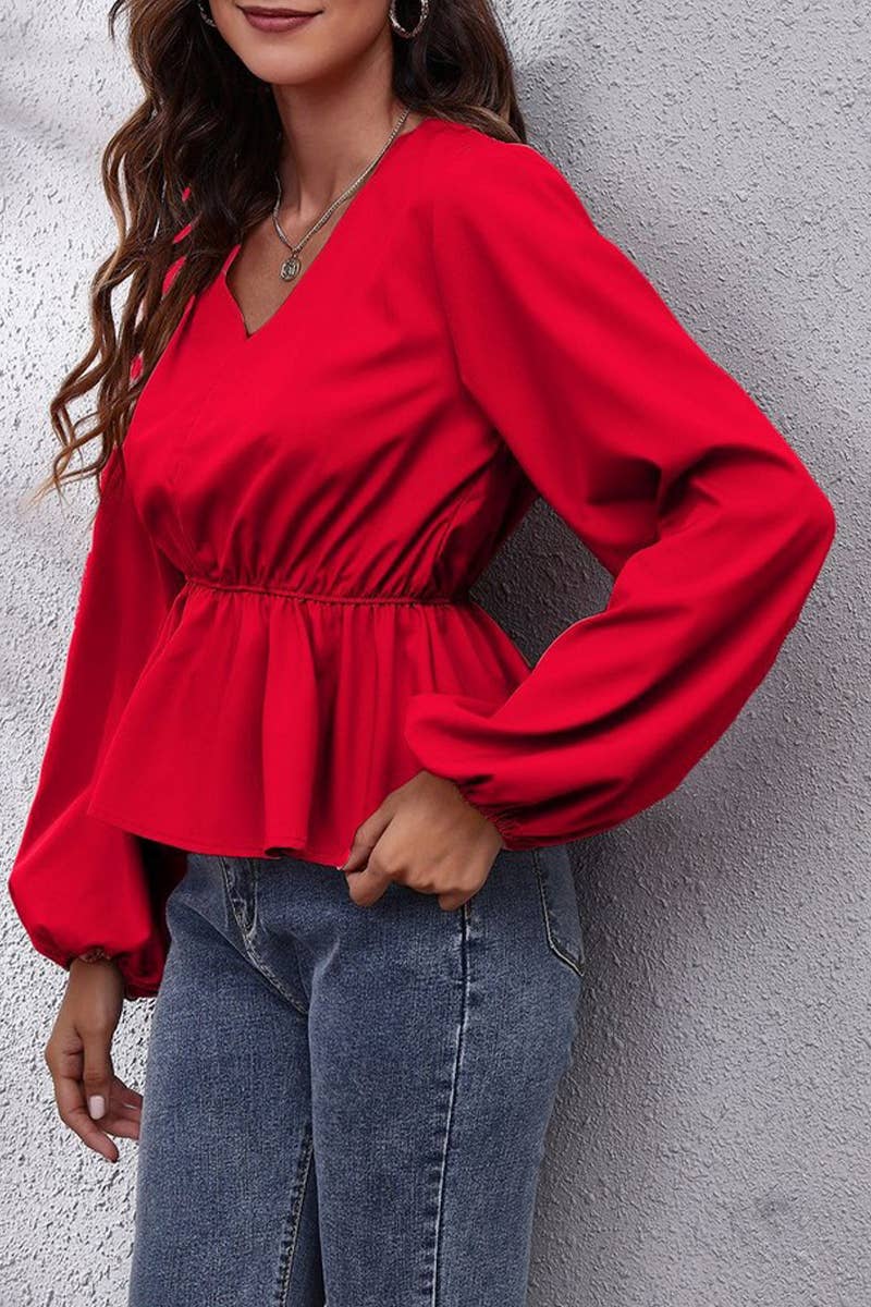 CWTBLL3760_V-NECK SOLID COLOR LANTERN SLEEVE CHIFFON SHIRT