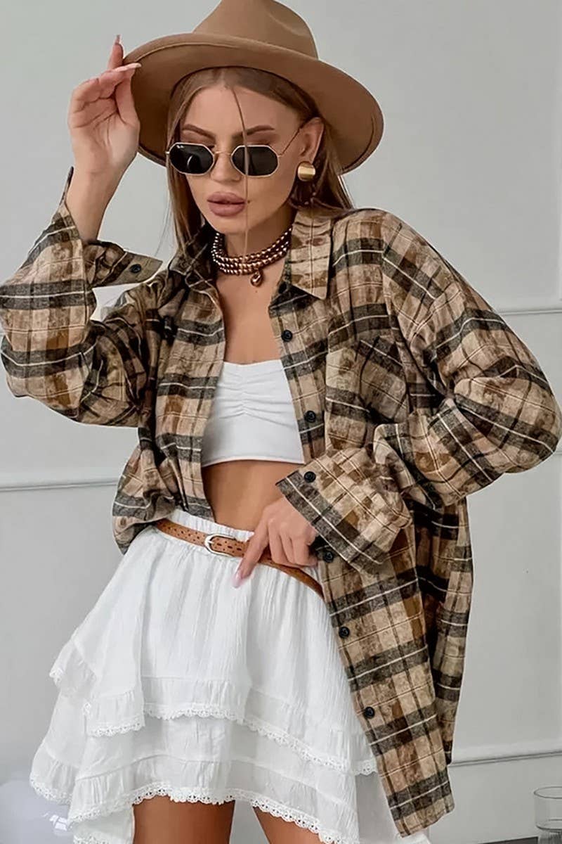 CWTBLL00567_PURE COTTON RETRO SIMPLE PLAID SHIRT TOP