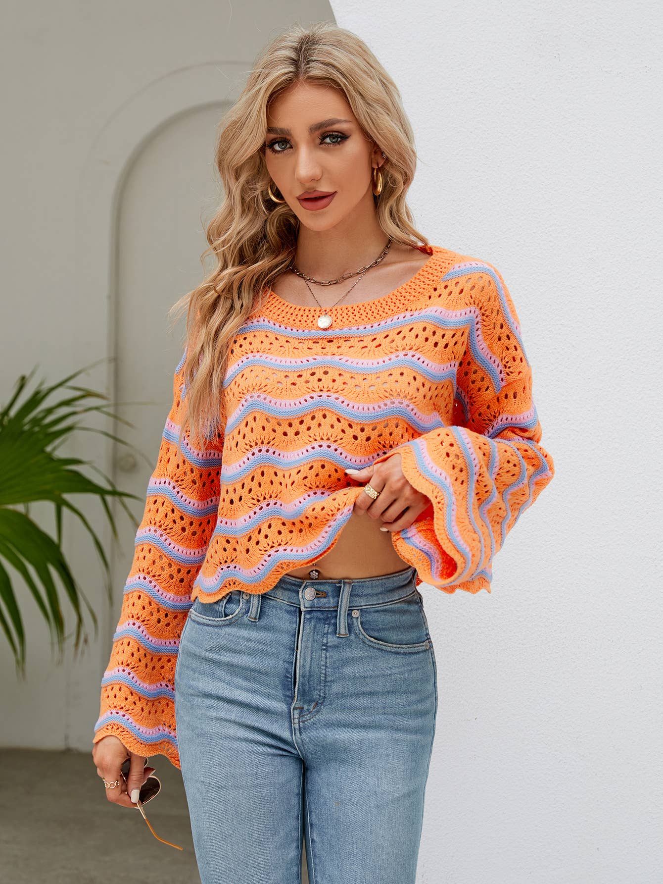 Cut-out short crop knit striped sweater