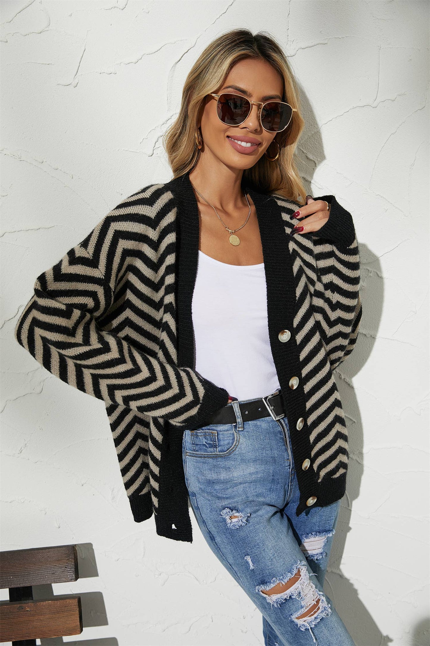 Deep V-neck striped personality button cardigan