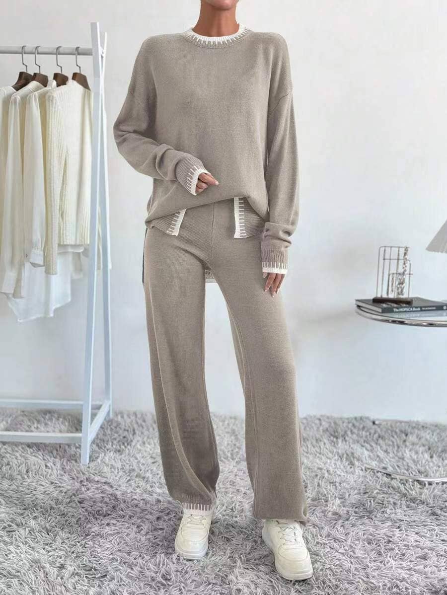 Contrast color sweater trousers two - piece set