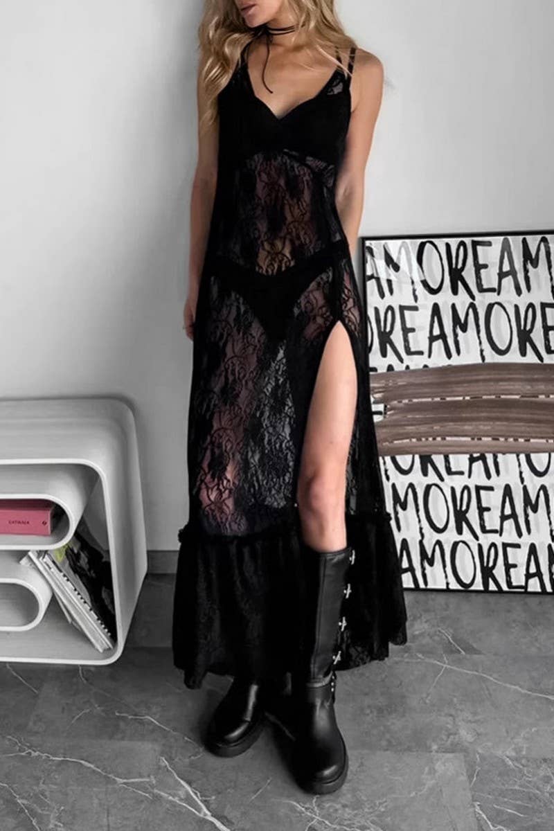 CWDMD955_SHEER LACE V-NECK SLIT SUSPENDER DRESS