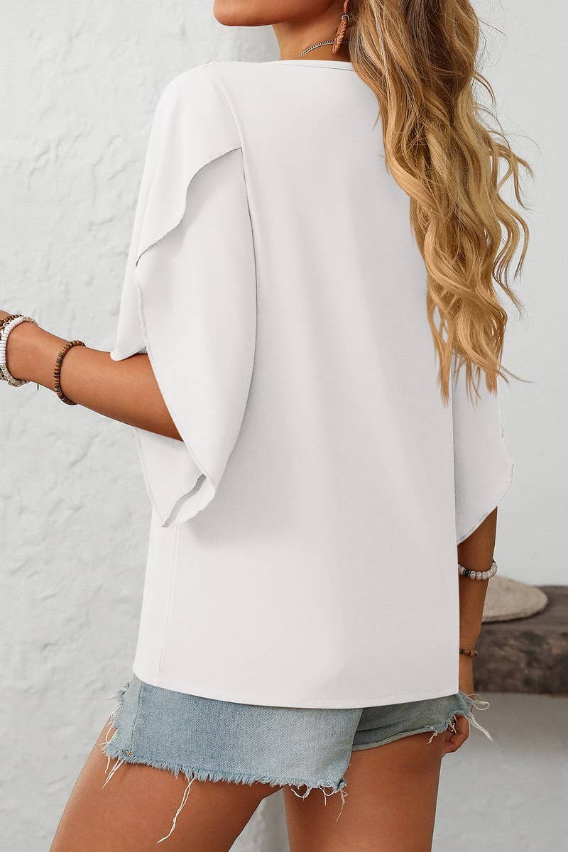 CWTBLS1711_CASUAL OBLIQUE V-NECK CHIFFON BUD SLEEVE TOP