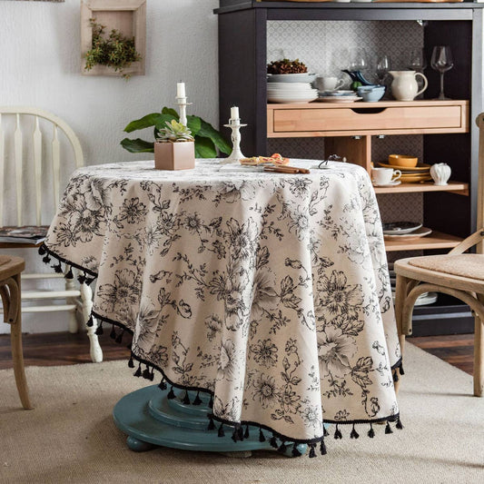VINTAGE BLUE ROSE PRINT TABLECLOTH