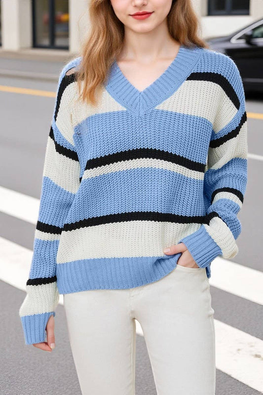 CWOSWL07631_CASUAL STRIPED V NECK LOOSE KNIT SWEATER