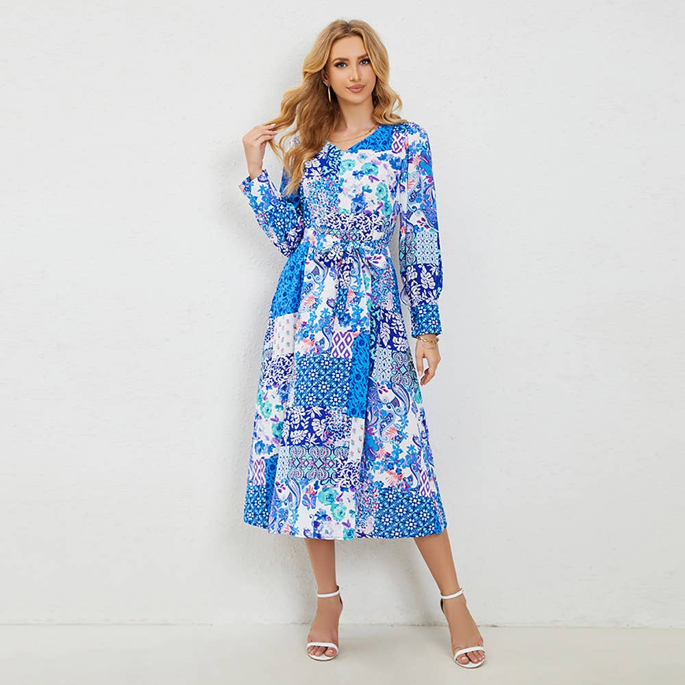 ABSTRACT PRINTED BELT A-LINE LONG-SLEEVED DRESS