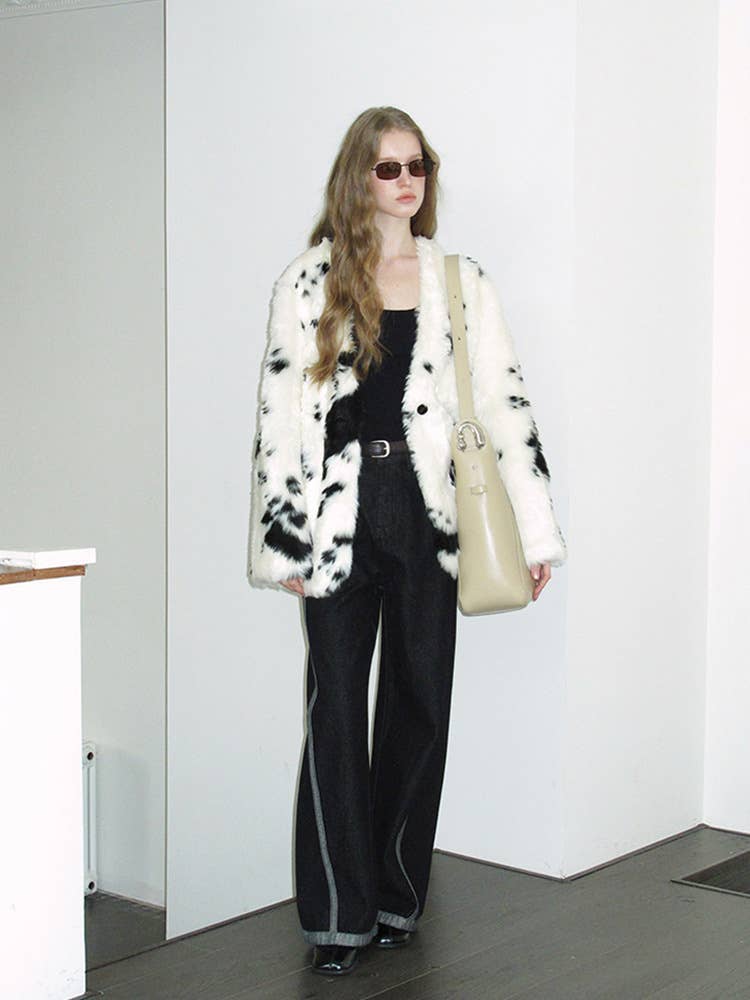 Fashionable color-blocking cow print coat