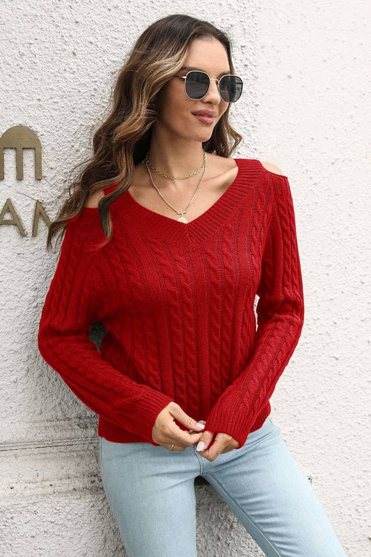 CWOSWL4146_BRAIDED V-NECK OFF-SHOULDER LONG-SLEEVED PULLOVER