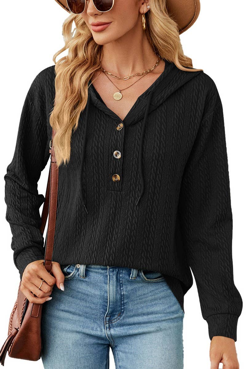 CWOHOL0475_Casual V-Neck Hoodie Long Sleeve Top