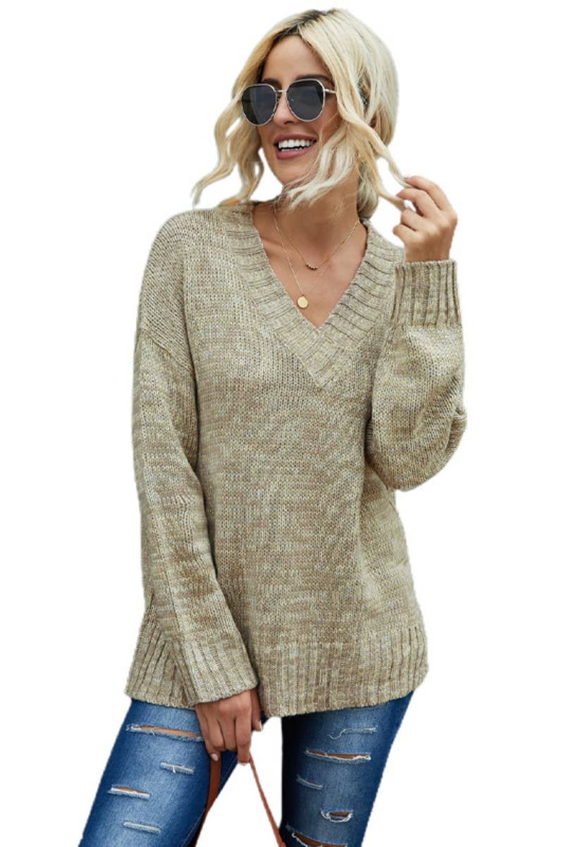 CWOSWL6719_SOLID COLOR V-NECK LONG-SLEEVED SWEATER