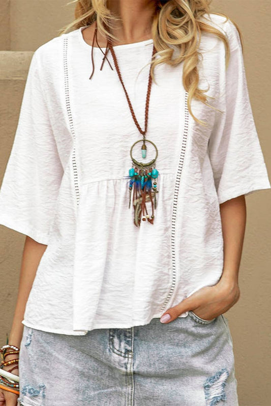 CWTBLS2330_LACE HOLLOW CASUAL SOLID COLOR MID-SLEEVE SHIRT