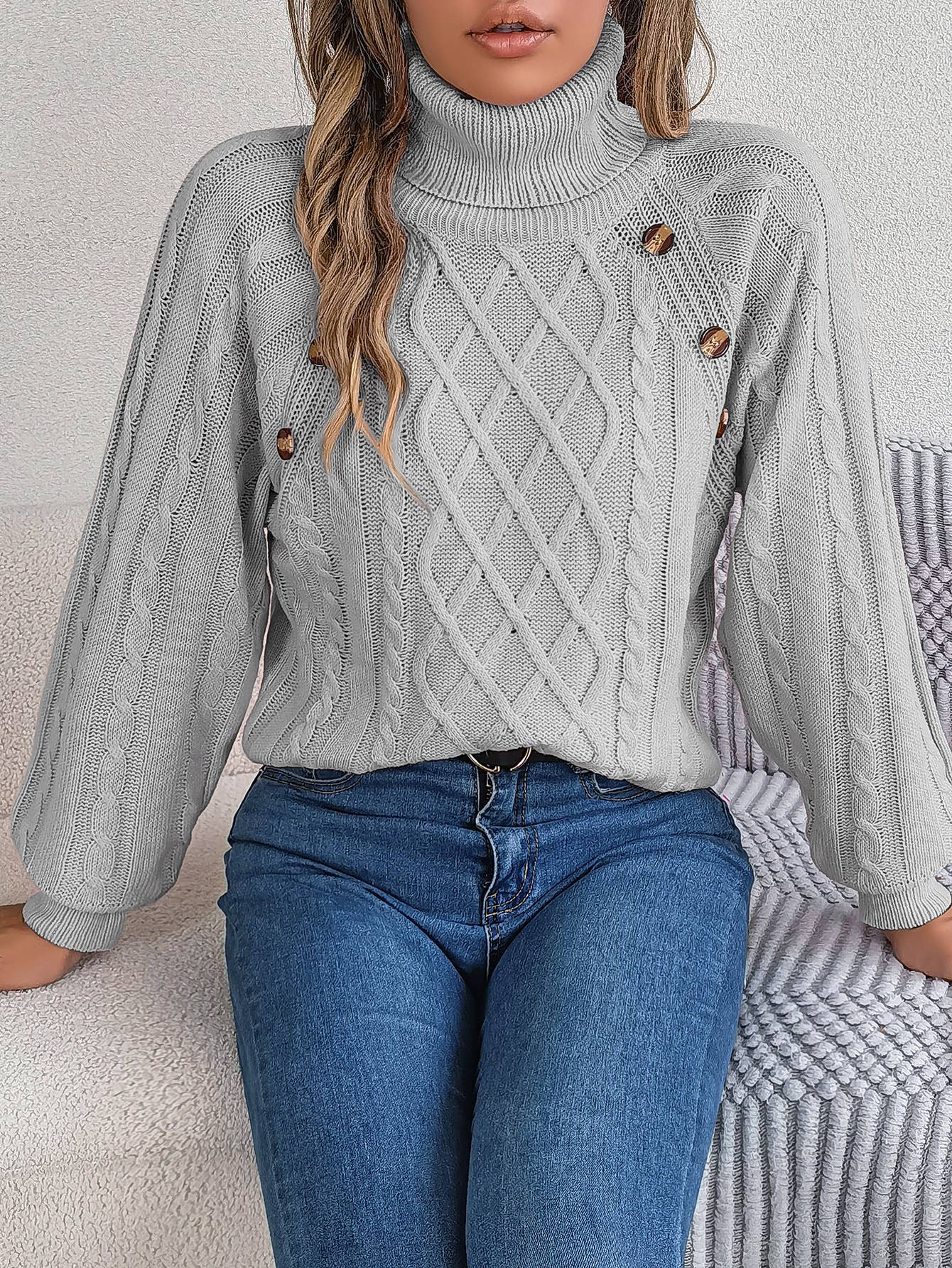 CASUAL TWIST TURTLENECK LANTERN SLEEVE SWEATER