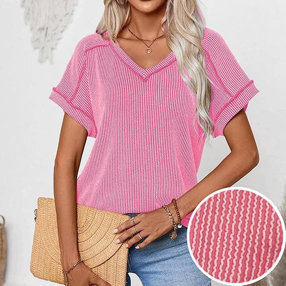 Fashion two-tone twist short sleeve V-neck shirt
