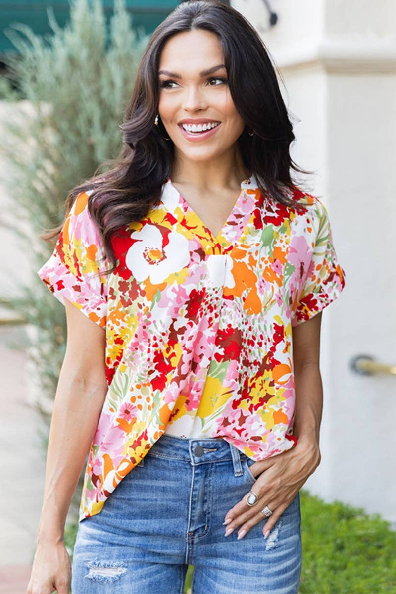 CWTBLS1329_SUMMER V-NECK SHORT SLEEVE FLORAL TOP