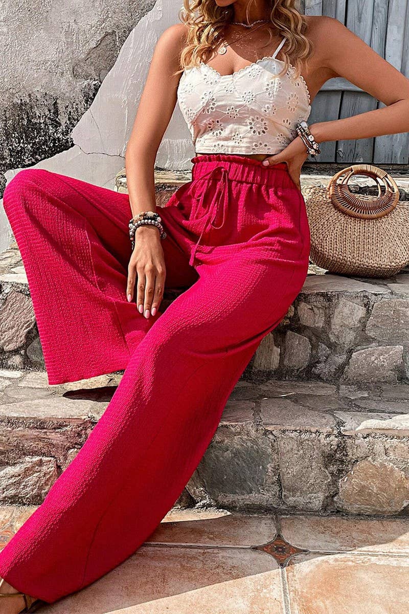 CWBLP1867_FASHIONABLE BUBBLE PLAID CASUAL WIDE-LEG PANTS