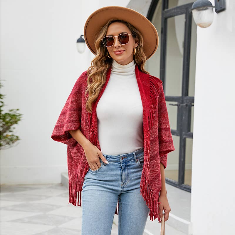 FRINGED CAPE COAT KNITTED STRIPED CAPE WOMAN