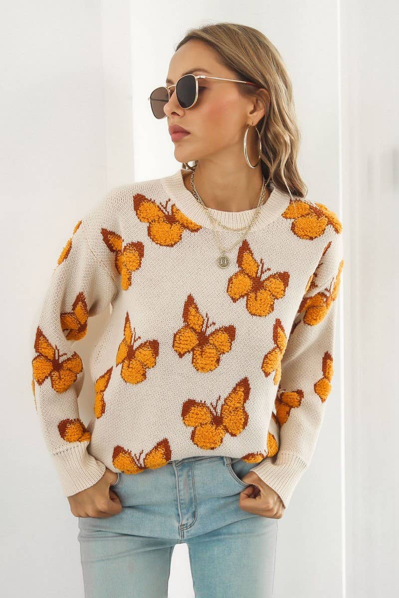 CWOSWL3964_3D BUTTERFLY JACQUARD CREWNECK KNITTED SWEATER