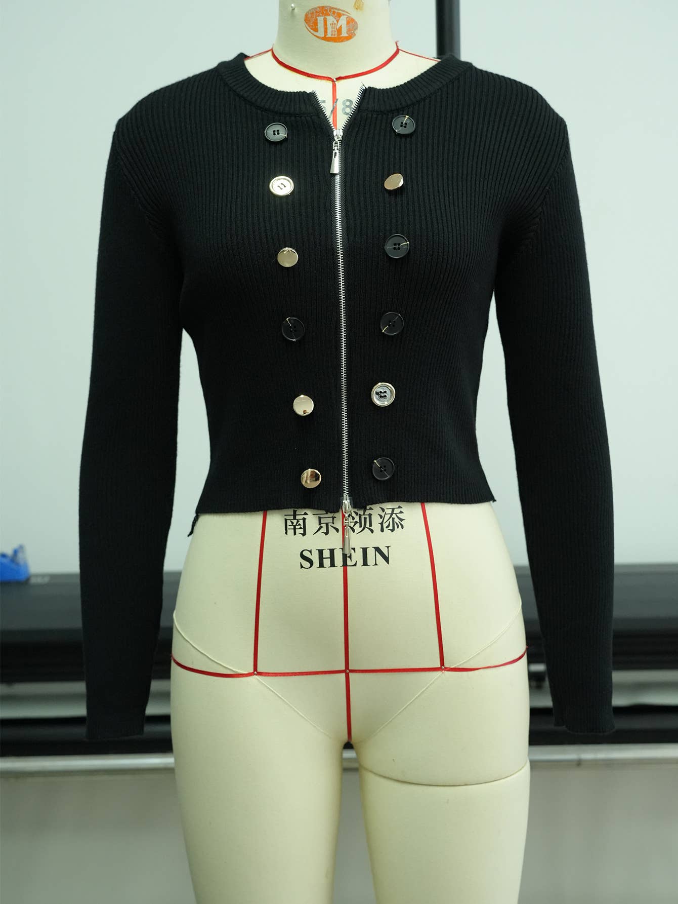 DOUBLE ZIPPER HEAD SHOULDER PAD KNIT CARDIGAN