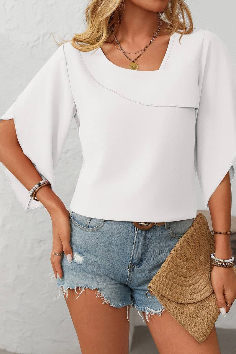 CWTBLS1711_CASUAL OBLIQUE V-NECK CHIFFON BUD SLEEVE TOP
