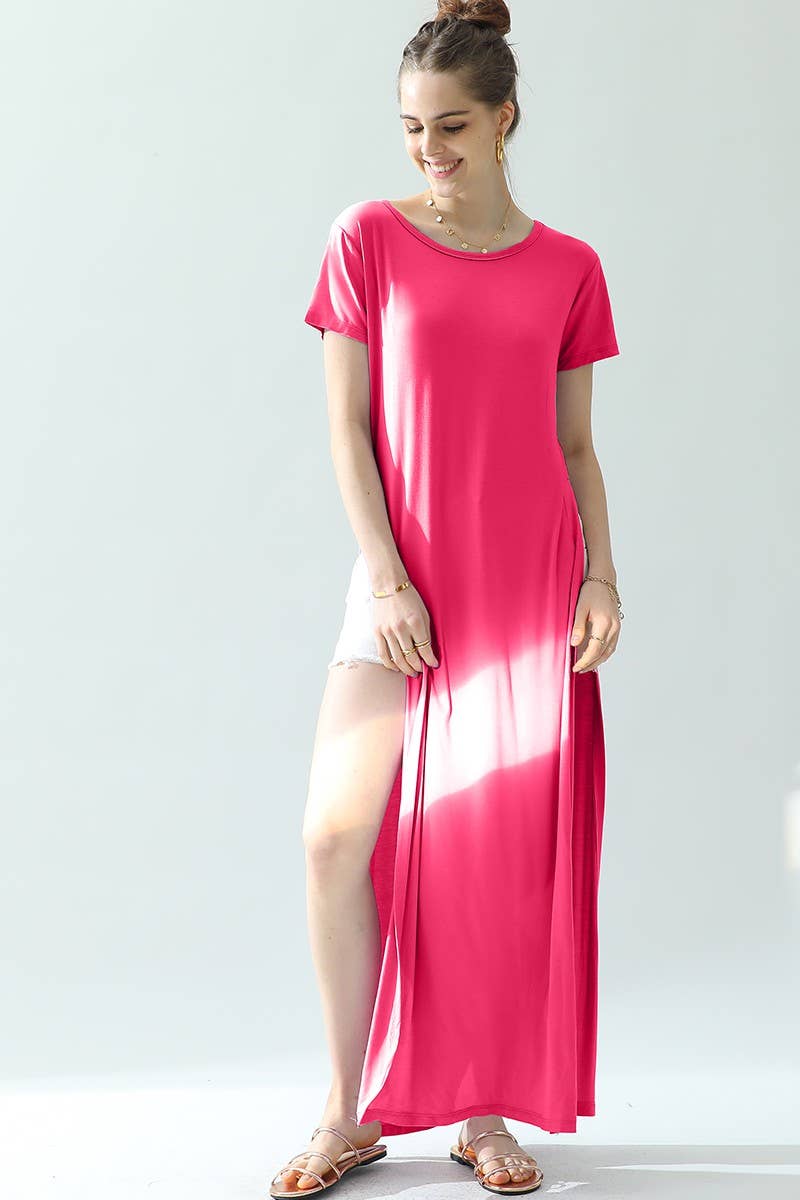 CWDMD824_ROUND NECK SHORT SLEEVE LONG DRESS WITH SLIT