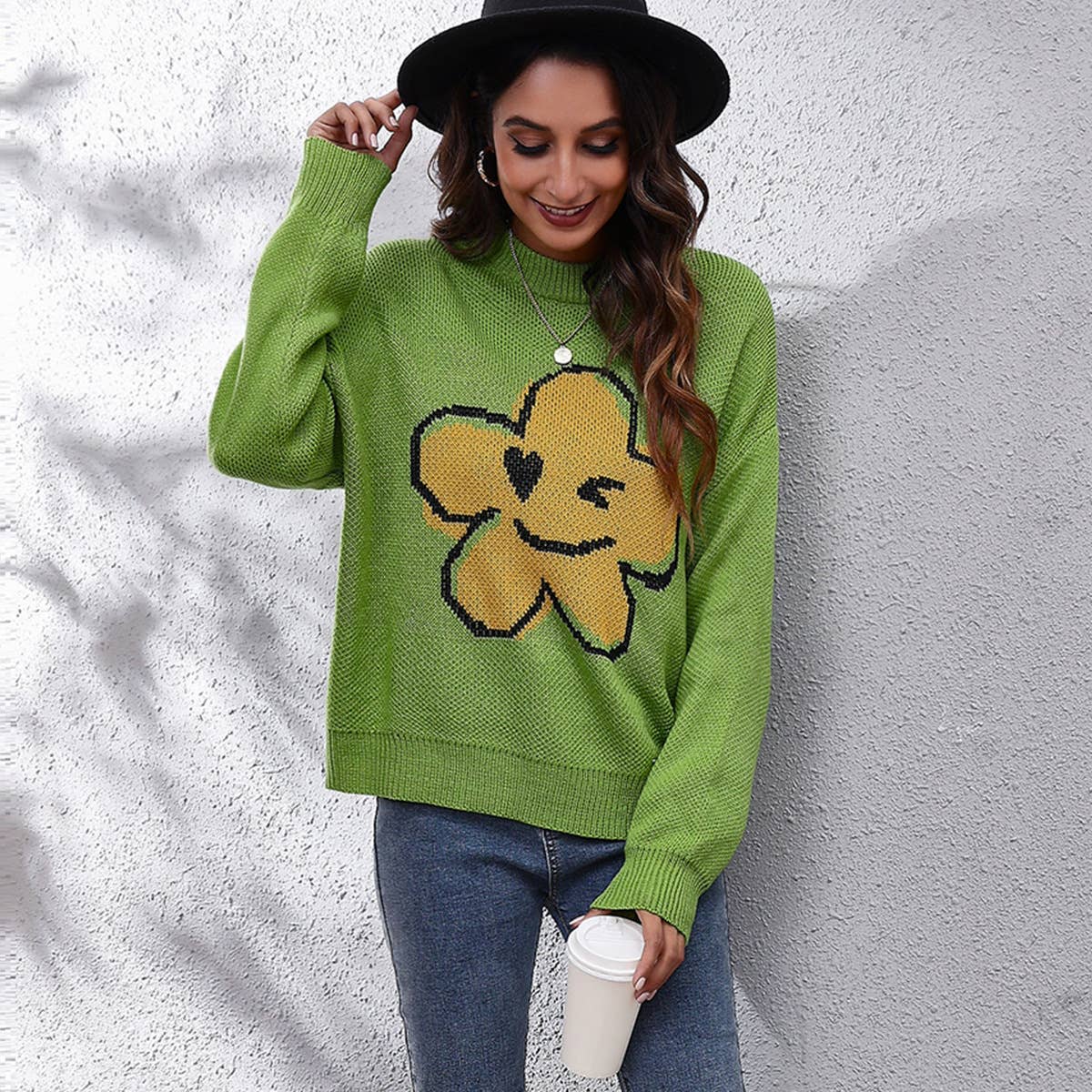 Cartoon jacquard sweater women's loose knit
