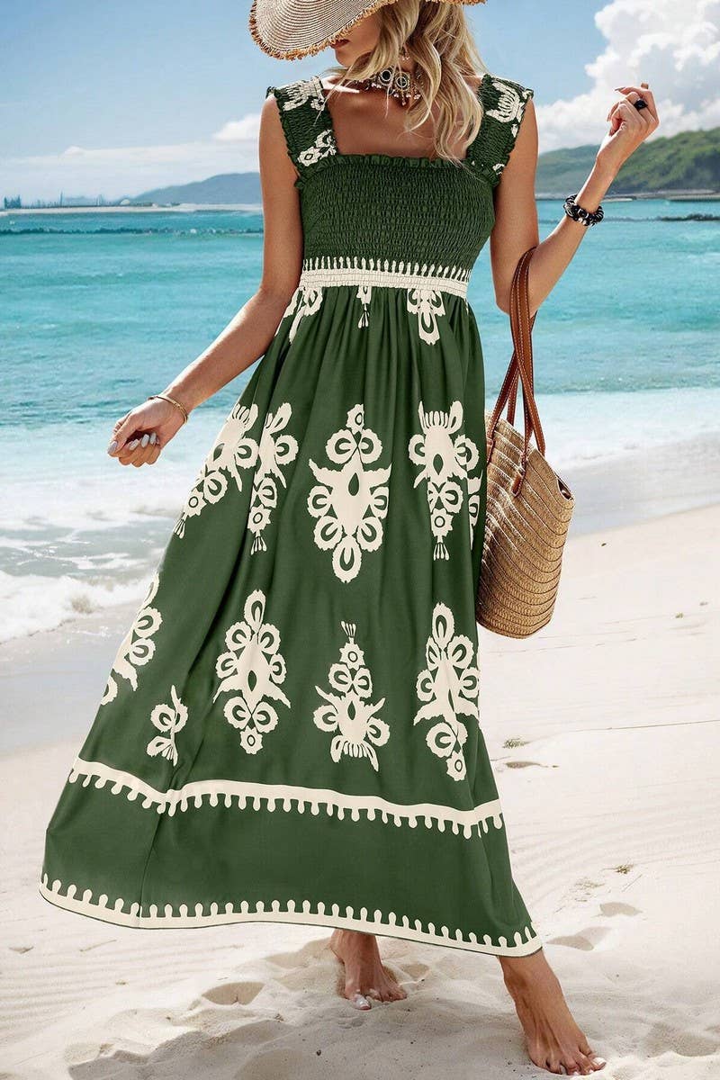 CWDHL0980_WOMEN'S RESORT PRINT CROSS FRONT MIDI DRESS