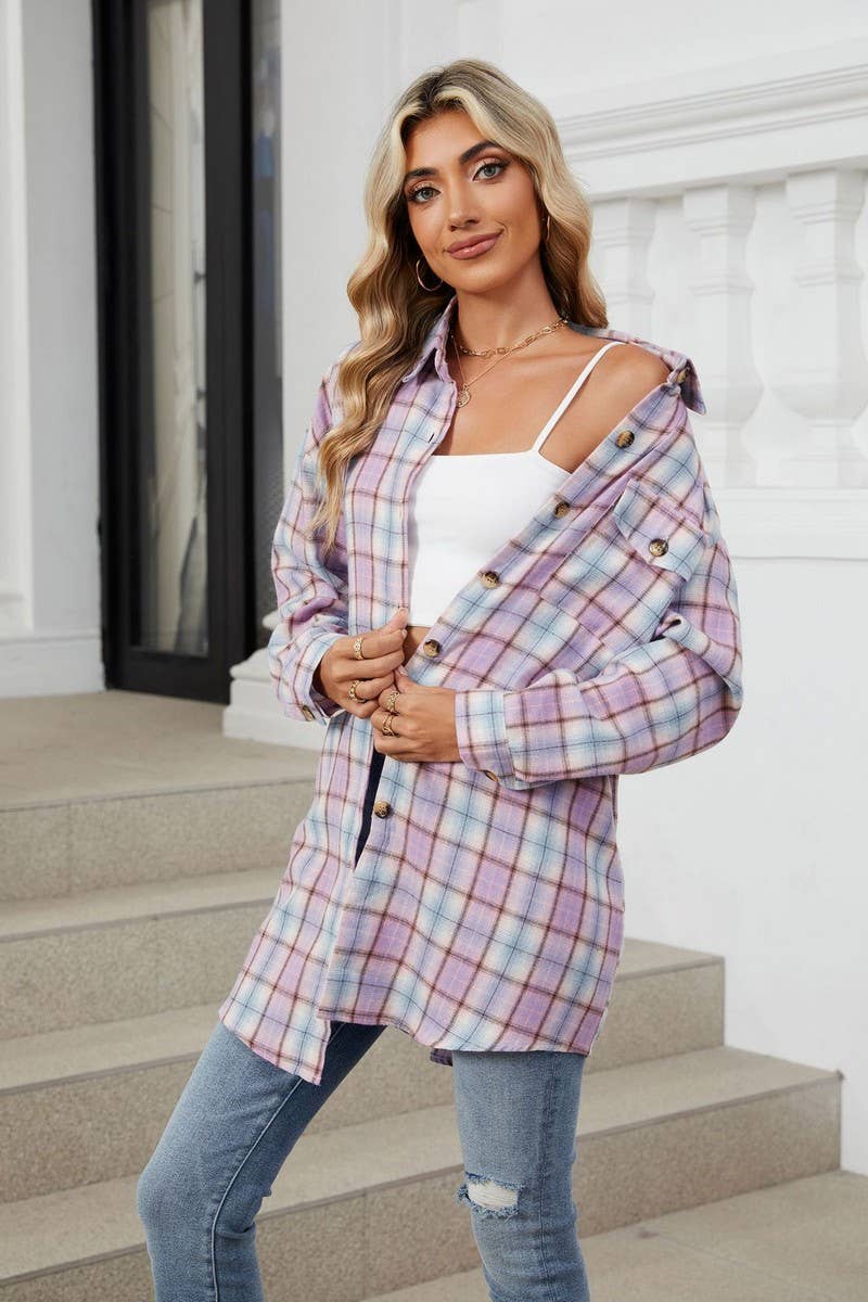 CWTBLL3745_AUTUMN AND WINTER STRIPED PLAID BUTTON-DOWN SHIRT