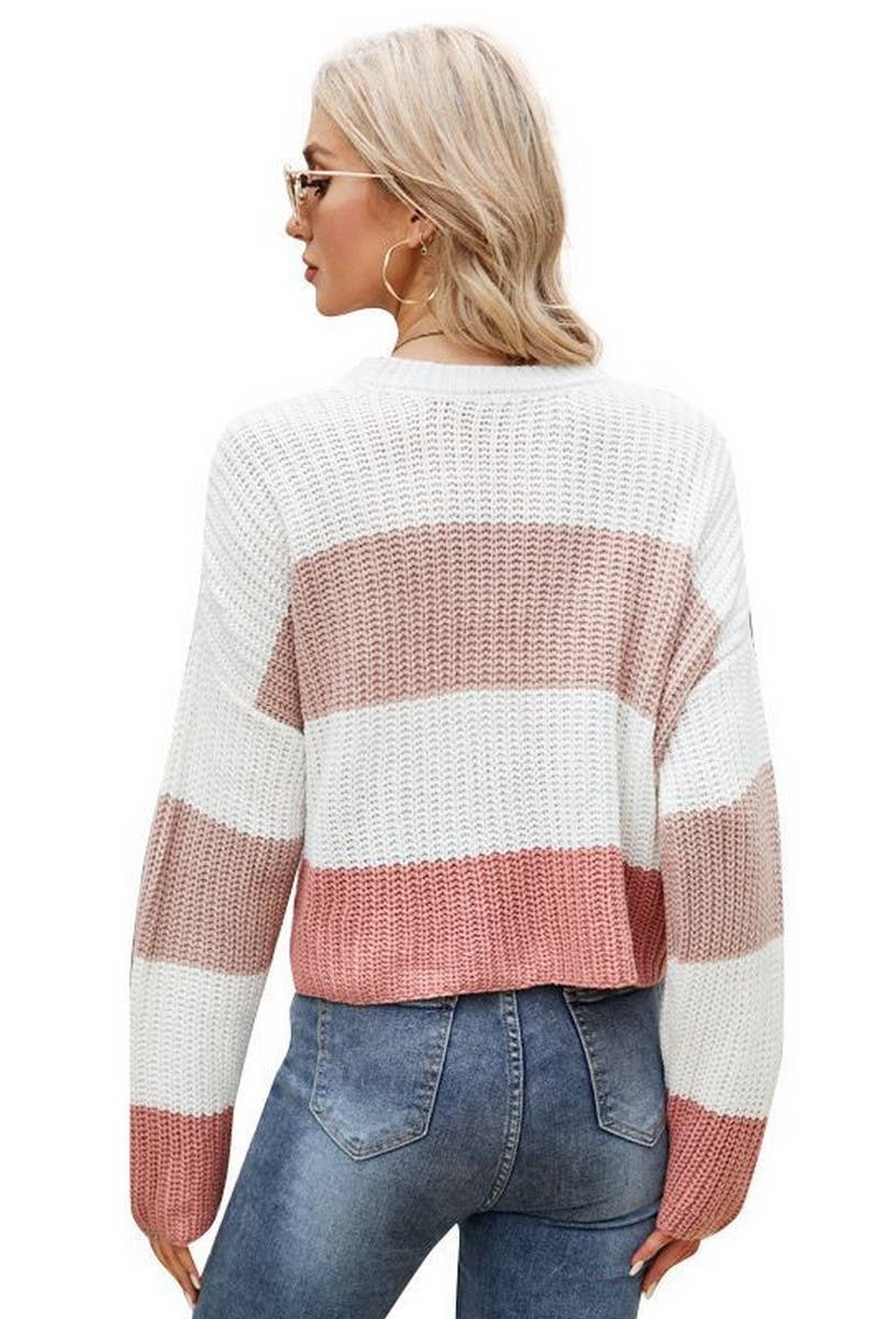 CWOSWL2708_CROPPED CASUAL STRIPED KNITTED SWEATER