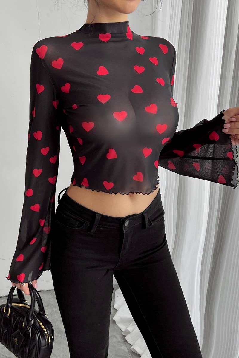 CWTBLL3925_MESH PRINT BELL SLEEVE LONG SLEEVE CREW NECK TOP