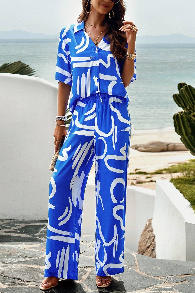 CWSTB0340_Button Down Long Slv Print V-Neck Long Pants Set