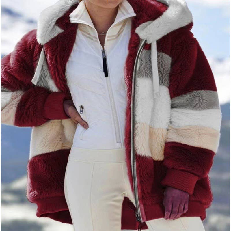 FLEECE PATCHWORK ZIPPER POCKET HOODED JACKET